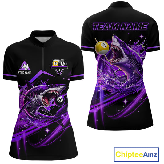 Purple 8 Ball & 9 Ball Pool Billiard Shark Polo & Quarter Zip For Women Custom Team Billiard Jerseys TDM4088