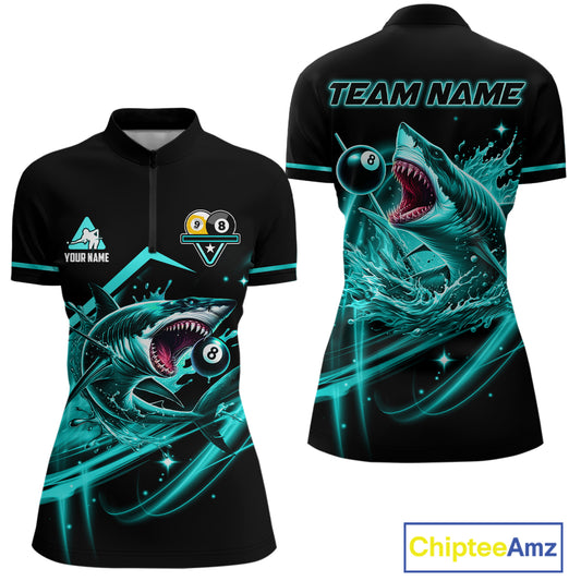 Turquoise 8 Ball & 9 Ball Pool Billiard Shark Polo & 1/4 Zip For Women Custom Team Billiard Jerseys TDM4089