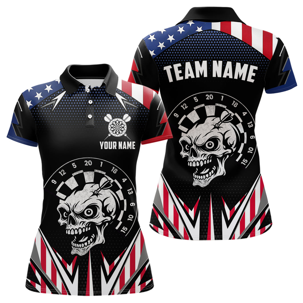 Personalized Patriotic Skull Darts Shirt For Women Custom American Flag Darts Jersey Polo & 1/4 Zip TDM4463