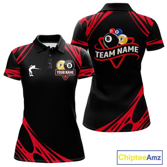 Personalized 8 Ball & 9 Ball Pool Billiard Polo, 1/4 Zip For Women Custom Team Billiard Jersey |Red TDM5601