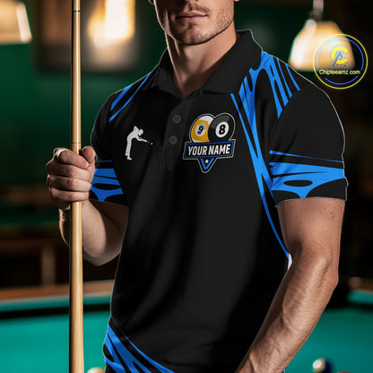 Personalized 8 Ball & 9 Ball Pool Billiard Polo, 1/4 Zip For Men Custom Team Billiard Jersey |Blue TDM5602
