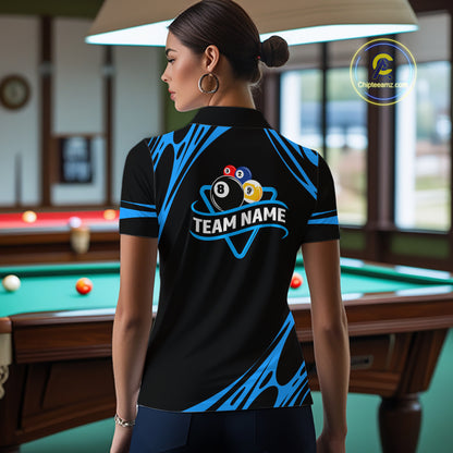 Personalized 8 Ball & 9 Ball Pool Billiard Polo, 1/4 Zip For Women Custom Team Billiard Jersey |Blue TDM5602