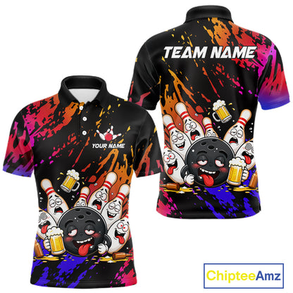 Blue and red drunk bowling balls and pins bowling team polo shirt for men.
