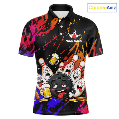 Blue and red drunk bowling balls and pins bowling polo shirt for men, funny beer bowling jersey.