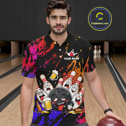 Man wearing blue and red drunk bowling balls and pins bowling polo shirt front view.