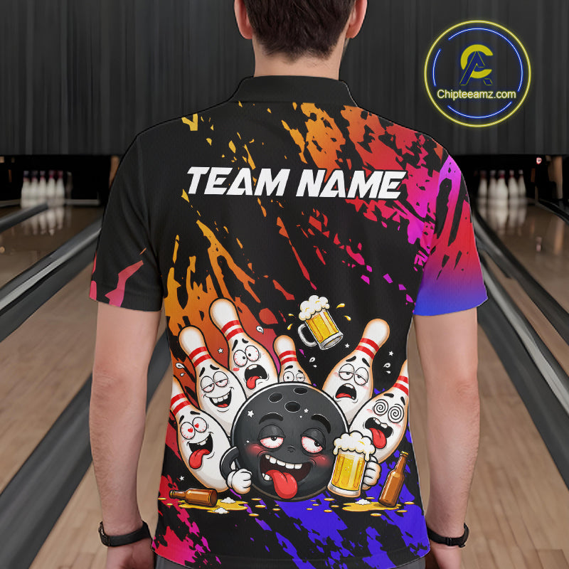 Man wearing blue and red drunk bowling balls and pins bowling polo shirt back view.