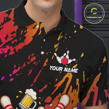 Close up of blue and red drunk bowling balls and pins bowling polo shirt collar, buttons and chest design.