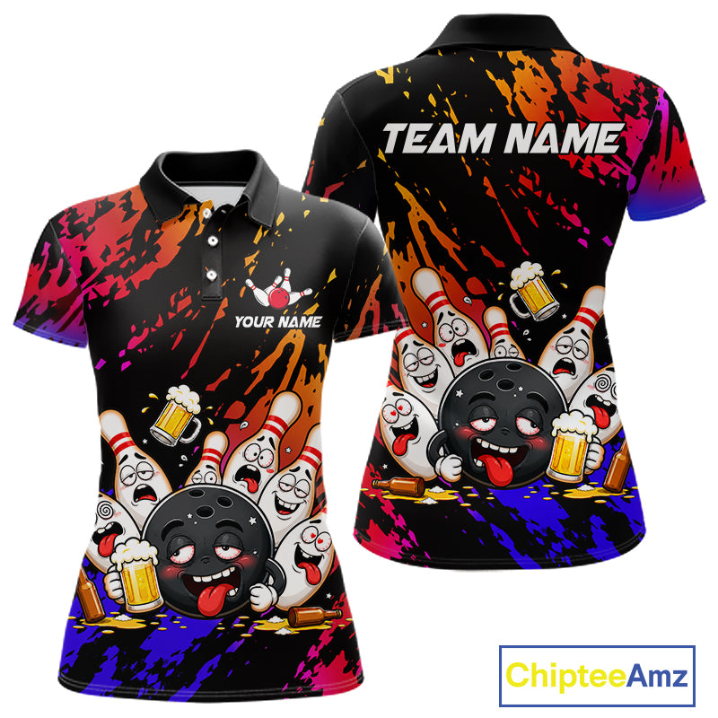 Blue and red drunk bowling balls and pins bowling polo shirt for women, funny beer bowling jersey.