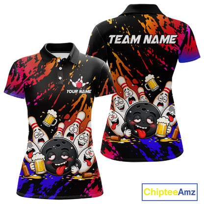 Blue and red drunk bowling balls and pins bowling polo shirt for women, funny beer bowling jersey.
