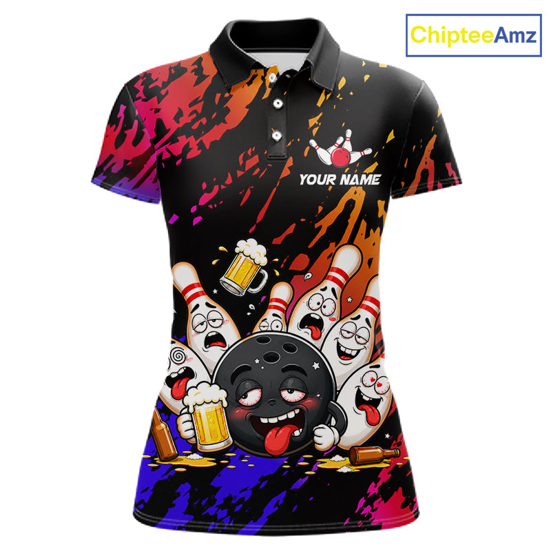 Blue and red drunk bowling balls and pins bowling team polo shirt for women.