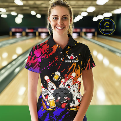 Woman wearing blue and red drunk bowling balls and pins bowling polo shirt front view.