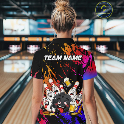 Woman wearing blue and red drunk bowling balls and pins bowling polo shirt back view.
