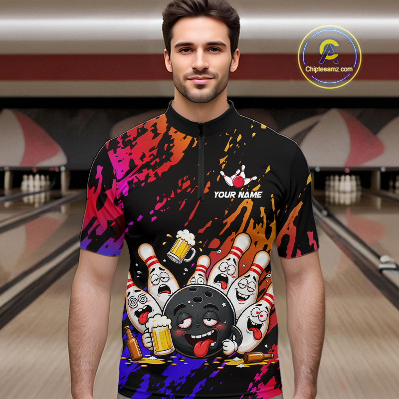 Man wearing blue and red drunk bowling balls and pins bowling quarter zip shirt front view.