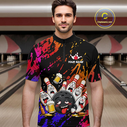 Man wearing blue and red drunk bowling balls and pins bowling quarter zip shirt front view.