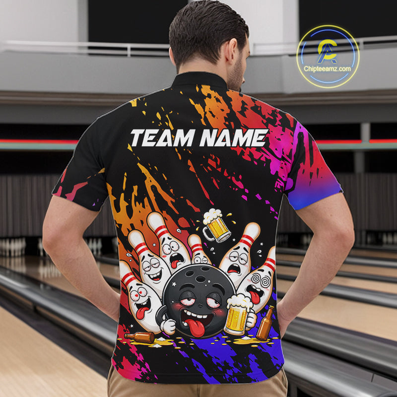 Man wearing blue and red drunk bowling balls and pins bowling quarter zip shirt back view.