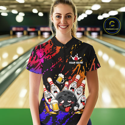 Woman wearing blue and red drunk bowling balls and pins bowling quarter zip shirt front view.