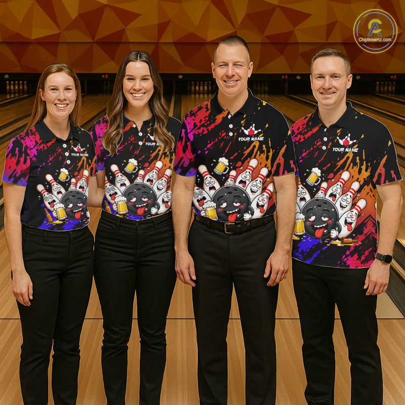 Bowling team wearing matching blue and red drunk bowling balls and pins jerseys front view.