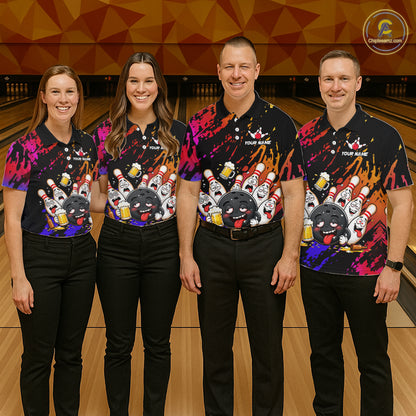 Bowling team wearing matching blue and red drunk bowling balls and pins jerseys front view.
