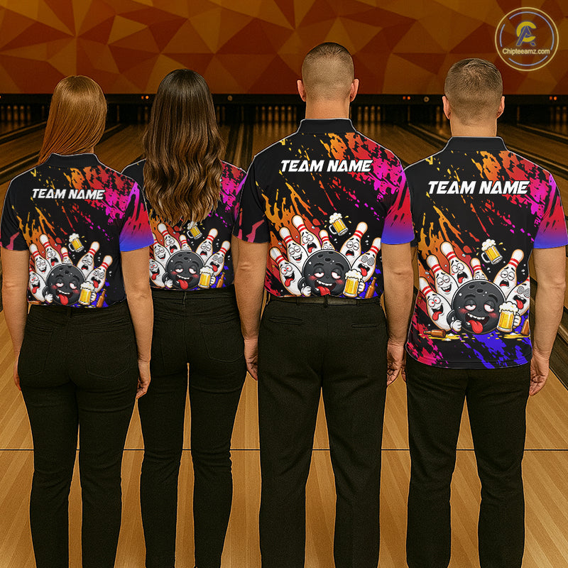 Bowling team wearing matching blue and red drunk bowling balls and pins jerseys back view.
