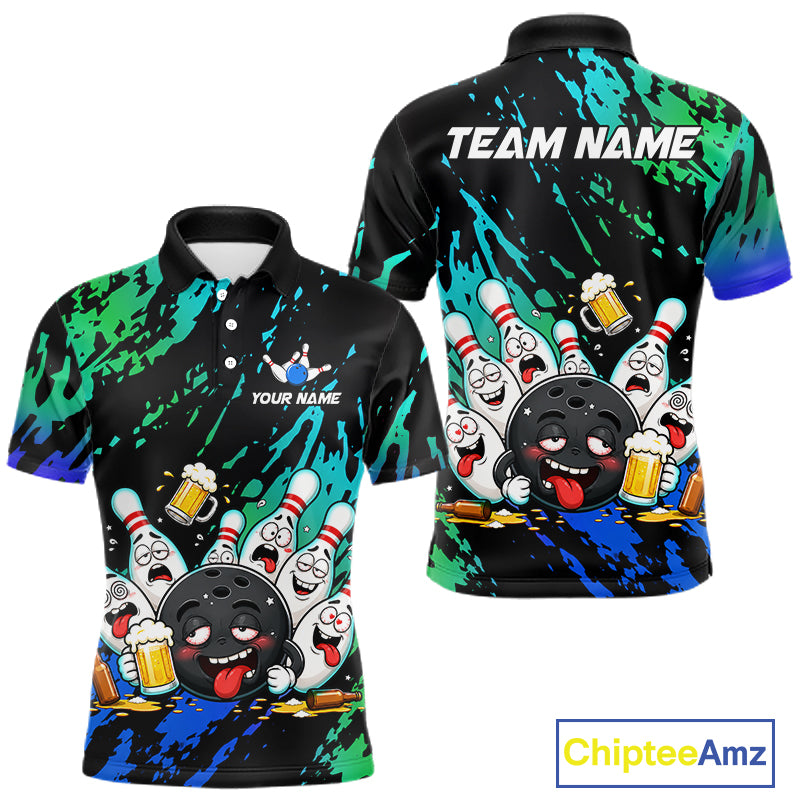 Blue and turquoise drunk bowling balls bowling team polo shirt for men.