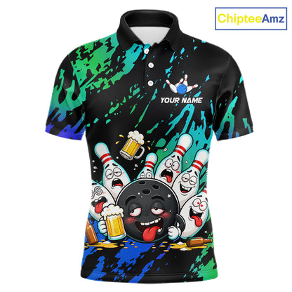Blue and turquoise drunk bowling balls bowling polo shirt for men, funny beer bowling team jersey.