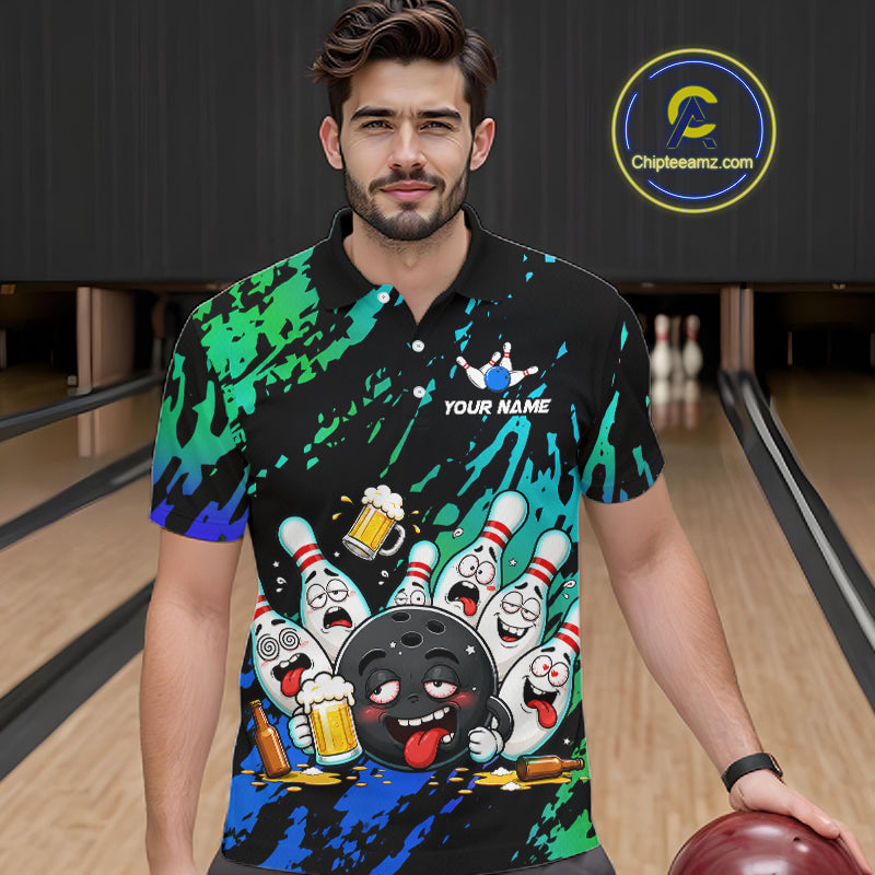 Man wearing blue and turquoise drunk bowling balls bowling polo shirt front view.