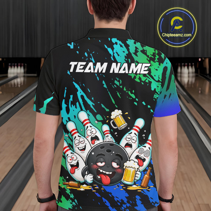 Man wearing blue and turquoise drunk bowling balls bowling polo shirt back view.
