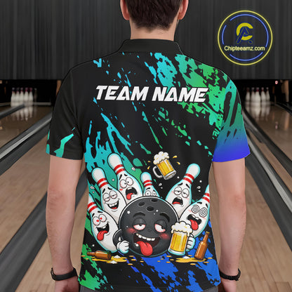 Man wearing blue and turquoise drunk bowling balls bowling polo shirt back view.
