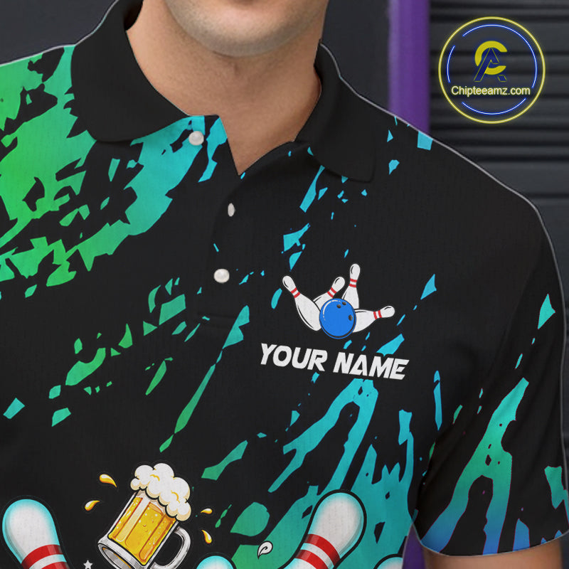 Close up of blue and turquoise drunk bowling balls bowling polo shirt collar, buttons and chest design.