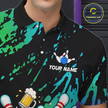 Close up of blue and turquoise drunk bowling balls bowling polo shirt collar, buttons and chest design.