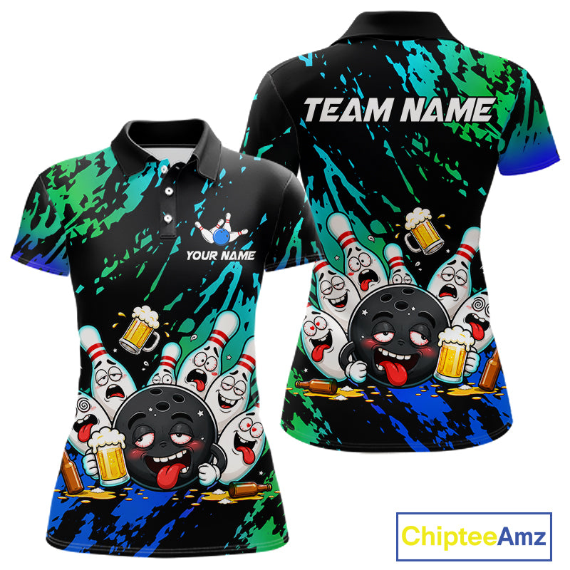 Blue and turquoise drunk bowling balls bowling polo shirt for women, funny beer bowling team jersey.