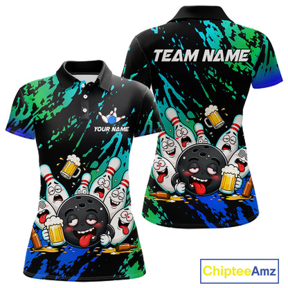 Blue and turquoise drunk bowling balls bowling polo shirt for women, funny beer bowling team jersey.