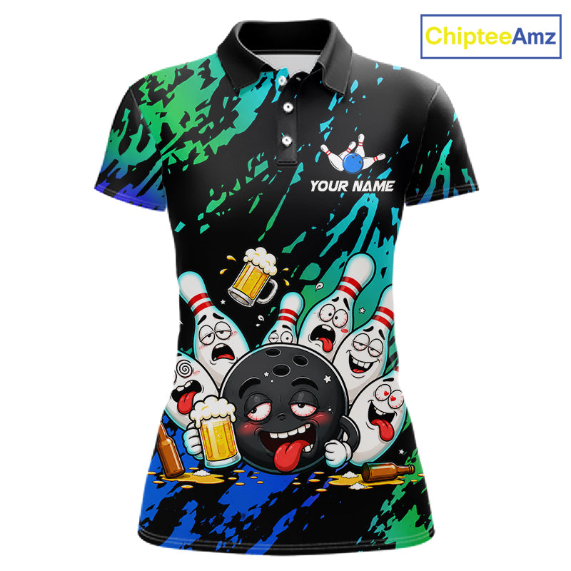 Blue and turquoise drunk bowling balls bowling team polo shirt for women.