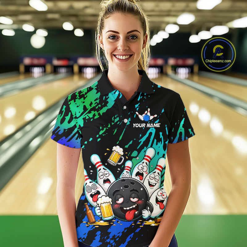 Woman wearing blue and turquoise drunk bowling balls bowling polo shirt front view.