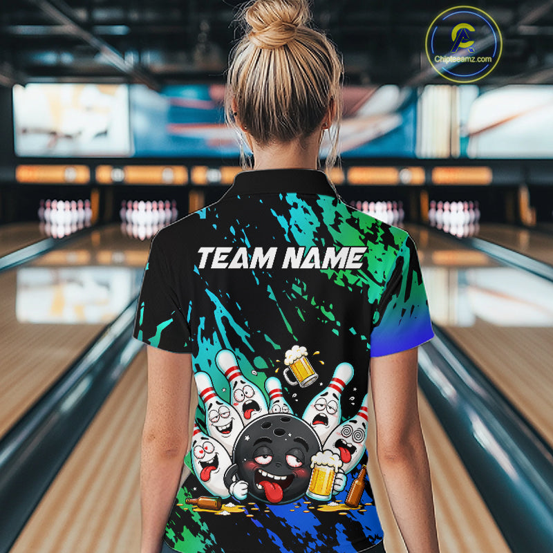 Woman wearing blue and turquoise drunk bowling balls bowling polo shirt back view.