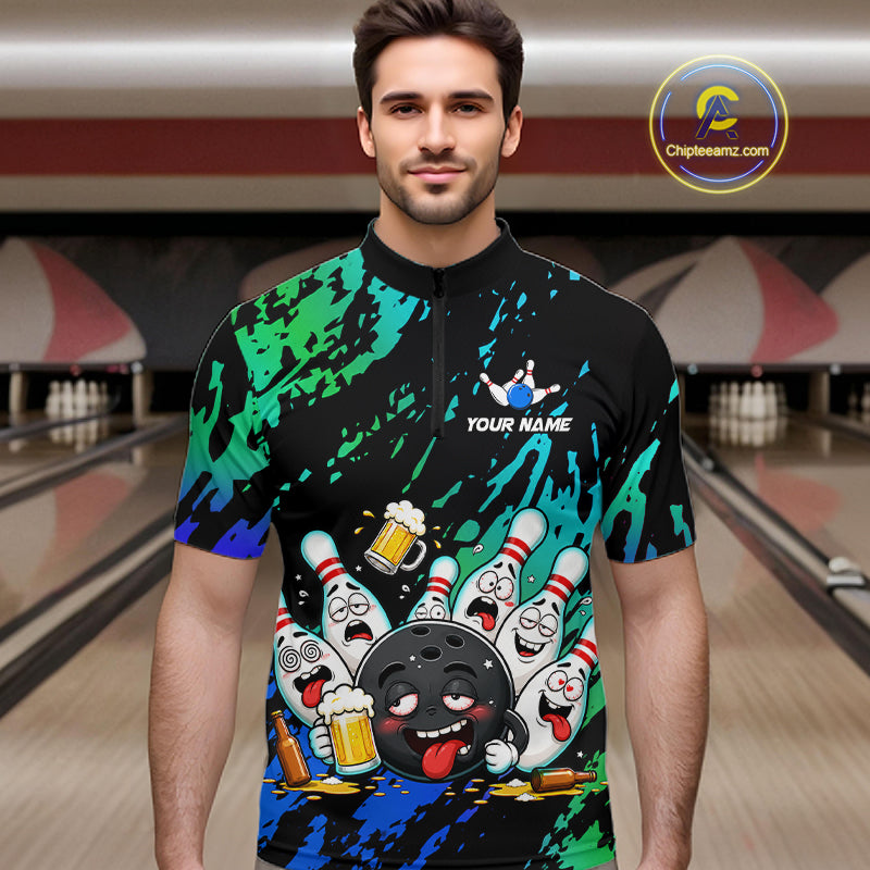 Man wearing blue and turquoise drunk bowling balls bowling quarter zip shirt front view.