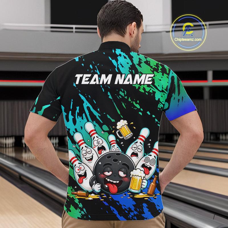 Man wearing blue and turquoise drunk bowling balls bowling quarter zip shirt back view.