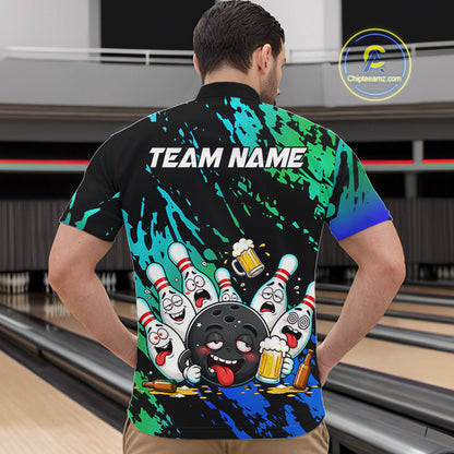 Man wearing blue and turquoise drunk bowling balls bowling quarter zip shirt back view.