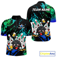Load image into Gallery viewer, Blue and turquoise drunk bowling balls bowling quarter zip shirt for men.