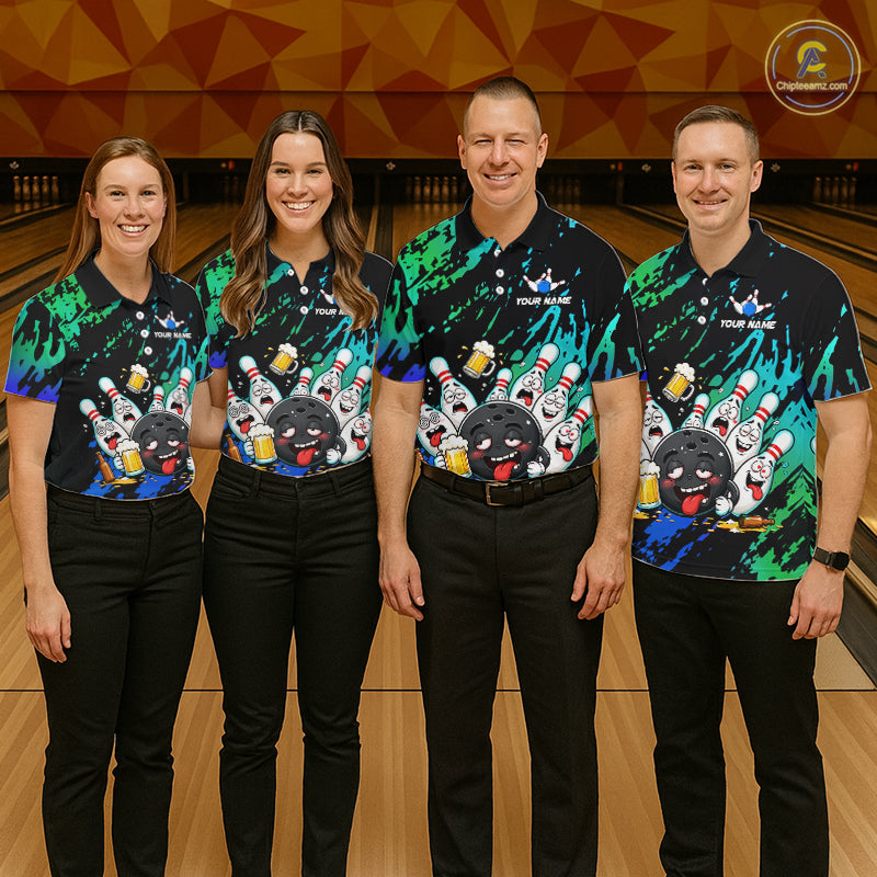 Bowling team wearing matching blue and turquoise drunk bowling balls jerseys front view.