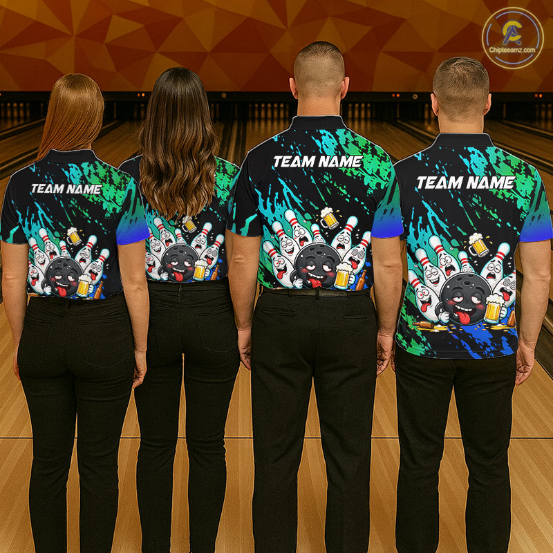 Bowling team wearing matching blue and turquoise drunk bowling balls jerseys back view.
