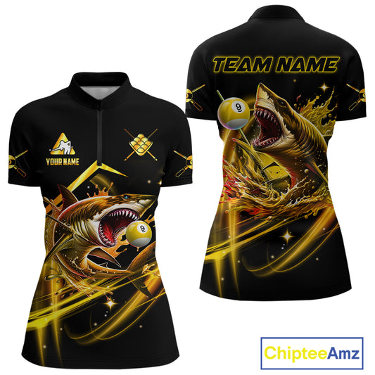 Yellow 9 Ball Pool Billiard Shark Polo & Quarter Zip For Women Custom Team League Billiard Jerseys TDM4475