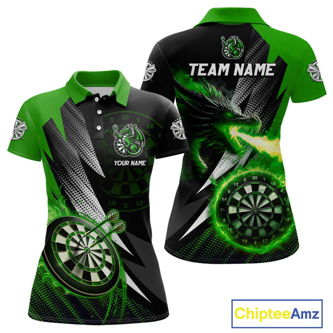 Personalized Striking Black And Green Flaming Dragon Dart Shirts For Women Custom Dart Team Jerseys TDM4299