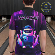 Load image into Gallery viewer, Back view of man wearing a neon panda bowling polo shirt inside a bowling alley.