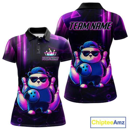 Colorful neon panda bowling polo shirt for women with custom bowling league team graphics.