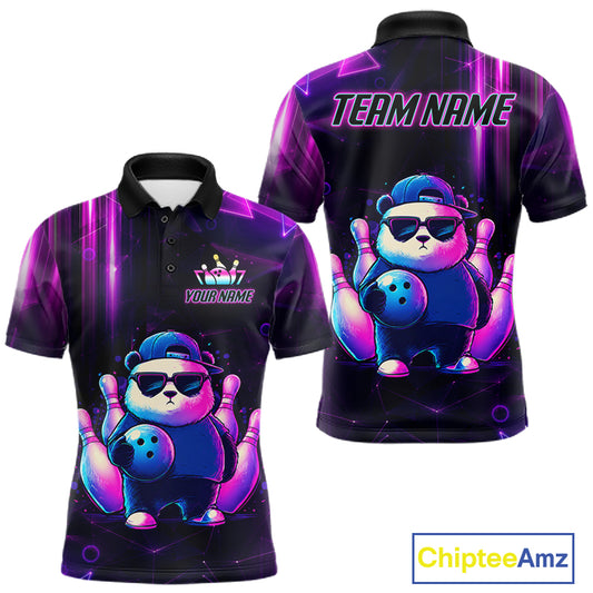 Colorful neon panda bowling polo shirt for men with custom bowling league team graphics.