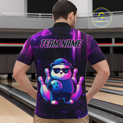 Back view of man wearing a neon panda bowling quarter zip shirt in a bowling alley.