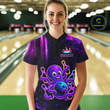 Load image into Gallery viewer, Woman wearing a neon octopus bowling quarter zip jersey during league competition front view.