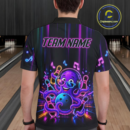 Back view of man wearing a neon octopus music bowling polo shirt inside a bowling alley.