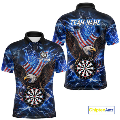 Custom Blue Thunder Lightning US Flag Eagle Darts Polo Shirt for Men Designed for Personalized Darts Team Jerseys with Premium Athletic Performance, Patriotic Graphics, and League Ready Style